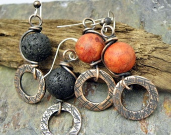 Lava or Coral Wish, Lava Rock or Sponge Coral, antiqued Copper, and Silver earrings, ThePurpleLilyDesigns