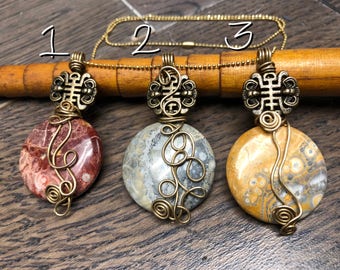 Fortunate Pendants, Brass, Pewter, and Mexican Sky Eye Jasper, ThePurpleLilyDesigns