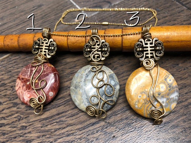 Fortunate Pendants, Brass, Pewter, and Mexican Sky Eye Jasper, ThePurpleLilyDesigns image 1