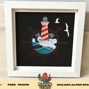 File SVG di un faro nautico, modello di shadow box con onde oceaniche a strati 3D per Cricut, design di taglio del volante marittimo costiero
