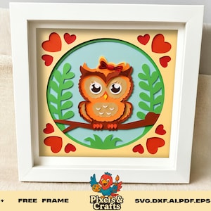 Joli hibou Saint-Valentin Shadow Box SVG, modèle 3D de découpe de papier hibou en couches, décoration murale oiseau d'amour pour découpe laser Cricut Silhouette