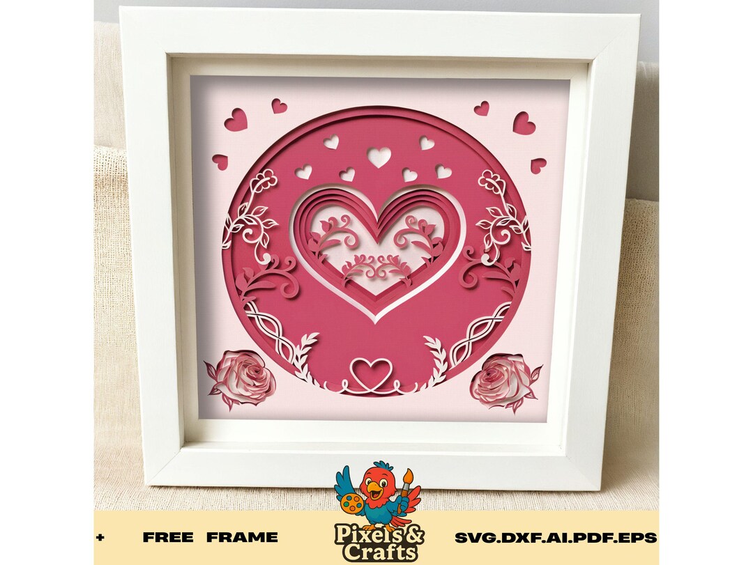 Floral Heart Shadow Box SVG, Romantic Love 3D Layered Paper Cut ...