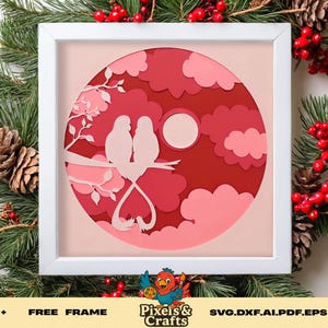 Caja de sombras SVG de pájaros enamorados para Cricut y Silhouette, diseño romántico de corte de papel con escena lunar, arte de pájaros de San Valentín en capas 3D
