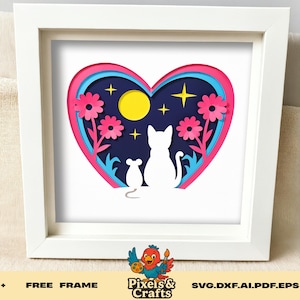 Caja de sombras con forma de corazón de gato y ratón en formato SVG, corte de papel en capas, escena nocturna con flores, luna y estrellas para decoración de animales con silueta de Cricut