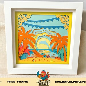 Beach shadow box svg layered tropical sunset papercut design palm tree summer vacation cricut svg ocean view island cut file