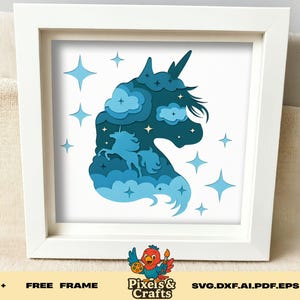 Einhorn Kopf Shadow Box SVG mit springenden Einhorn Schichten, 3D Papierschnitt Fantasy Pferd Vorlage für Cricut und Silhouette