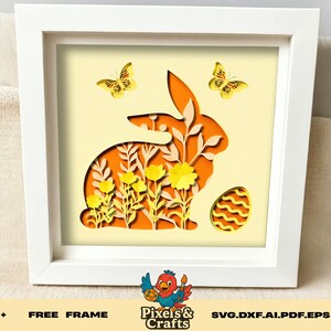 Scatola delle ombre con coniglietto pasquale in formato SVG, modello di carta a strati 3D ritagliato, file di silhouette laser per Cricut con coniglio primaverile e uovo, decorazione murale floreale fai da te per le feste