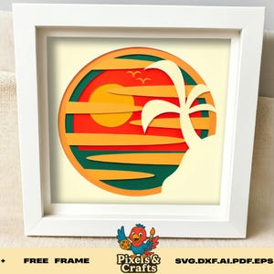 Vintage Sunset Beach SVG, 3D Layered Palm Tree Ocean Summer Shadow Box, Retro Tropical Paper Cut File for Cricut Silhouette