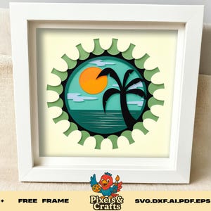 Tropical Beach Sunset SVG, 3D Layered Palm Tree Summer Ocean Scene Shadow Box, Vacation Paper Cut File for Cricut Silhouette