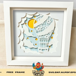 Arquivo SVG de caixa de sombra de balão de ar quente para artesanato em papel em camadas 3D, design de aventura floral para Cricut Silhouette, arte de corte de céu com nuvens