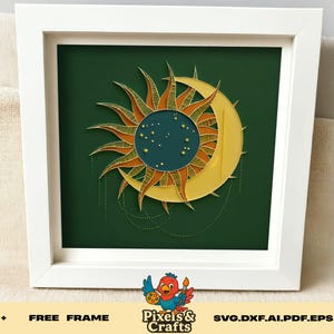 Himmlische Sonne und Mond SVG, 3D Schicht Papierschnitt Schatten Box Vorlage, Boho Nachthimmel Schnitt Datei für Cricut und Glowforge Projekte