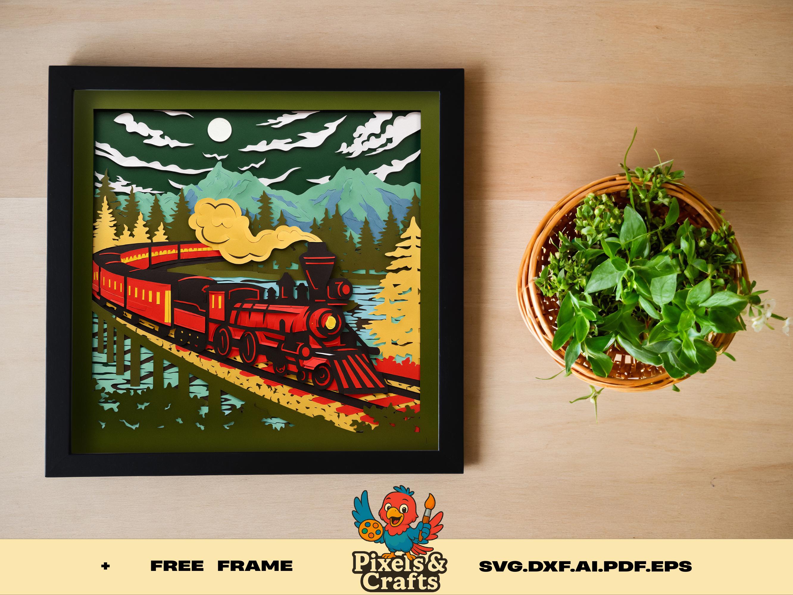 Layered Red Train SVG Shadow Box File With Scenic Forest Mountain ...
