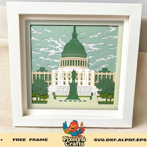 Washington DC Capitol Building SVG a strati, file di ritaglio con ombra, punto di riferimento patriottico americano, modello di silhouette per Cricut, carta ritagliata