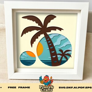 Tropical Palm Tree SVG, 3D Beach Sunset Layered Shadow Box Template, Summer Vacation Paper Cut File for Cricut Silhouette
