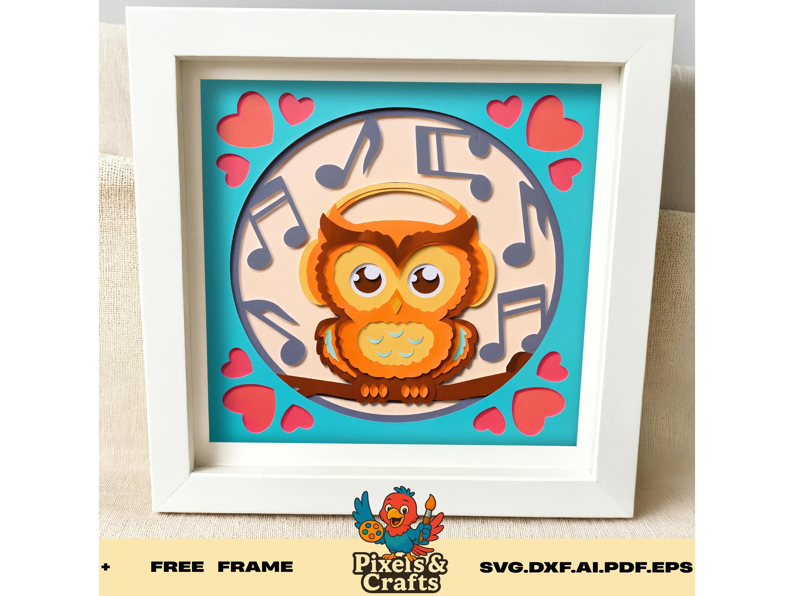 Owl Music SVG Layered Paper Art File for Cricut and Glowforge, Cute Owl with Headphones 3D Shadow Bo