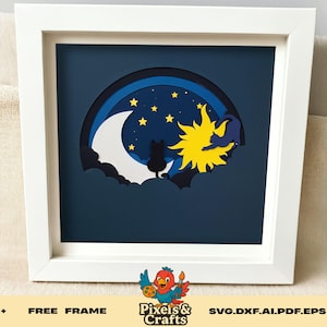 Katze Mond Sonne Layered SVG Schatten Box Vorlage für Cricut und Silhouette, Celestial Kitty Night Sky Papercut Design für Home Decor