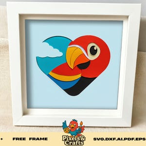 Perroquet coloré en forme de coeur en forme de coeur d'oiseau tropical en couches de papier découpé pour Cricut Silhouette, modèle d'art de boîte d'ombre animale de la jungle