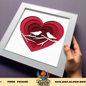 Scatola con ombra di uccellini innamorati in formato SVG, modello di San Valentino a forma di cuore a strati 3D, file di taglio laser per Cricut Silhouette, carta romantica tagliata