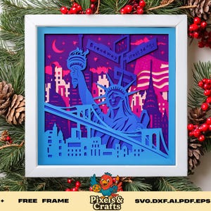 Horizonte da cidade de Nova York, caixa de sombra svg, estátua da liberdade, placas da Broadway, bandeira americana, camadas, cricut, papercut, cena noturna, arquivos de corte