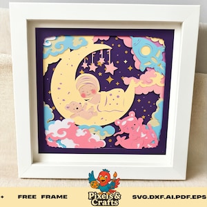 Baby schläft auf dem Mond SVG Papierschnitt Schicht Design für Kinderzimmer Wand Kunst Baby Shower Dekor Cricut Schattenbox Datei vor dem Zubettgehen
