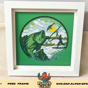 Fishing Scene SVG, 3D Bass Catch Lake Layered Shadow Box Template, Fisherman Outdoor Cricut Cut File for Summer Cabin Decor