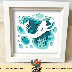 Mermaid Shadow Box SVG, 3D Underwater Ocean Paper Cut Template, Kids Room Wall Decor Cricut Silhouette Laser Cutting Files