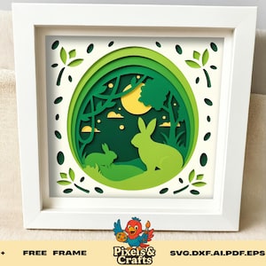 File di decorazioni per cameretta dei bambini in formato SVG con sagoma di coniglio, sagoma di animale, natura, bosco, a strati, in carta ritagliata.