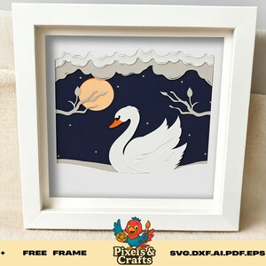 Élégant cygne ombre boîte SVG, calque nuit lac papier découpé fichier pour Silhouette Cricut, modèle animal scène clair de lune pour travaux manuels déco