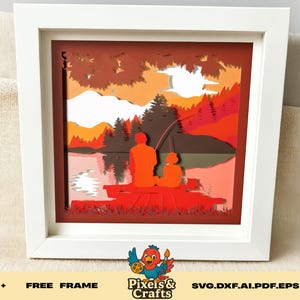 Father And Son Fishing Shadow Box SVG, 3D Lake Paper Cut Layered Template, Nature Sunset Wall Decor Cricut Silhouette Laser Files