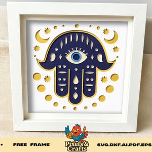 Khamsa Hand boze oogschaduw doos SVG, 3D gelaagde papier gesneden sjabloon, bescherming amulet muur decor Cricut silhouet laserbestanden