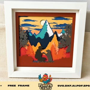 Mann und Hund Wandern Schattenbox SVG, 3D Schicht Papierschnitt Vorlage, Berg Abenteuer SVG Cricut Silhouette Laser-Datei, DIY Outdoor Wandkunst