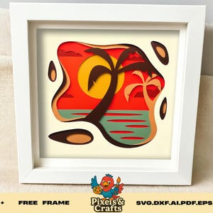 Sunset Beach Palm Tree SVG, 3D Layered Summer Tropical Shadow Box Template, Ocean Vacation Paper Cut File for Cricut Silhouette