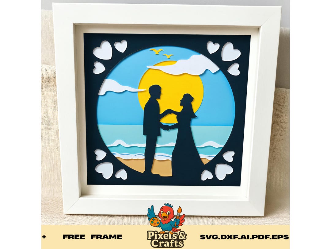 Beach Wedding Shadow Box SVG, 3D Couple Silhouette Layered Paper Cut ...