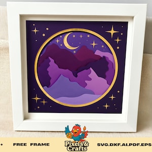 Lila Nacht Berge SVG, geschichtete Halbmond Landschaft Schatten-Box-Datei für Cricut Silhouette Glowforge Papierkunst
