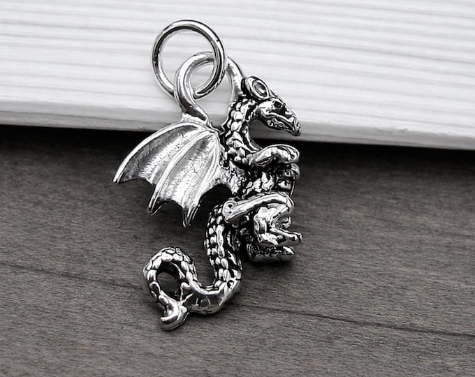 Dragon Charm, Silver 3D Dragon Pendant for Necklace or Bracelet, Mythical Charm, Fantasy Jewelry, Flying Serpent Pendant