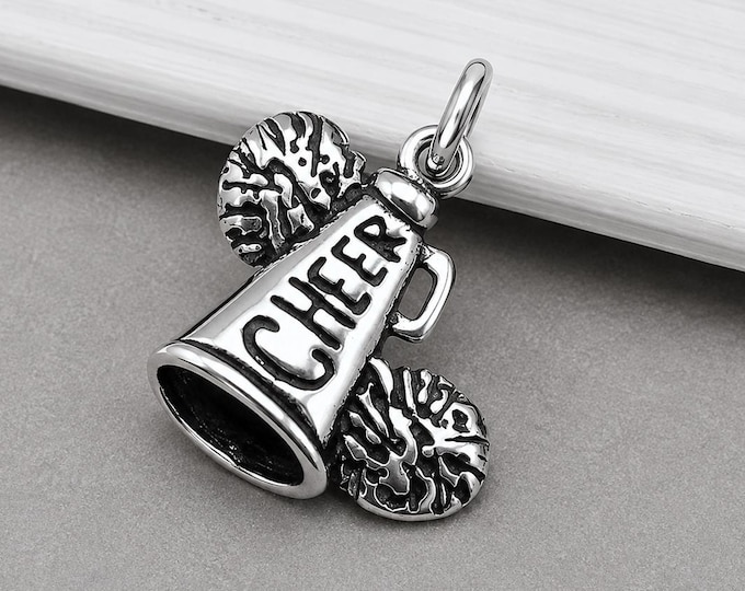 925 Sterling Silver Cheerleader Megaphone Charm, Cheerleader Charm, Cheerleader Pendant, Cheerleader Bracelet Charm, Cheer Pom Poms Jewelry