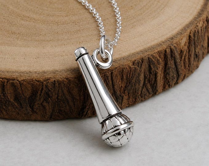 925 Sterling Silver 3D Microphone Necklace, Microphone Charm, Singer DJ Comedian Pendant, Karaoke Mic Charm, Gift for Singer