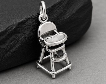 Sterling Silver 3D High Chair Charm, Highchair Pendant, Newborn Jewelry, Baby Shower Gift, New Mom Keepsake