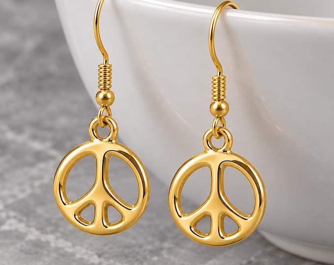 Gold Peace Sign Earrings, Hippie Dangle Earrings, Boho Peace Symbol Jewelry, Retro 60s 70s Inspired Earrings, Peace and Love Gift for Her