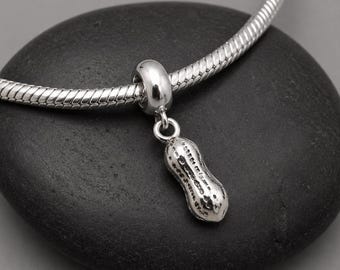 Tiny Peanut European Charm, Sterling Silver Peanut Dangle Charm, Peanut Charm with Bail, Snake Bracelet Charm, Large Hole Bead, Peanut Gift