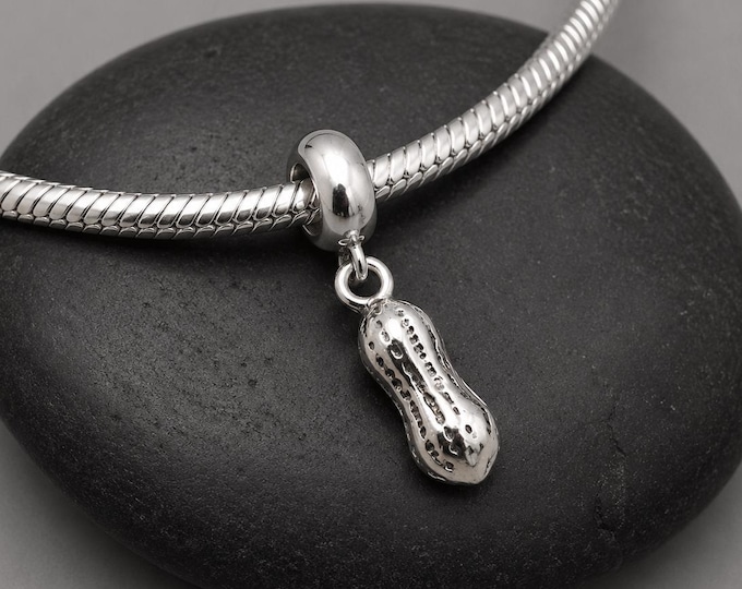 Tiny Peanut European Charm, Sterling Silver Peanut Dangle Charm, Peanut Charm with Bail, Snake Bracelet Charm, Large Hole Bead, Peanut Gift