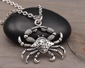 Silver Crab Necklace, Crab Charm, Ocean Sea Life Pendant, Crustacean Necklace, Cancer Zodiac Gift, Beach Coastal Jewelry
