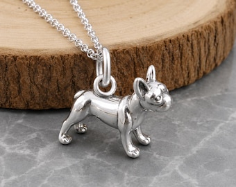 Sterling Silver 3D Boston Terrier Necklace, French Bulldog Charm Pendant