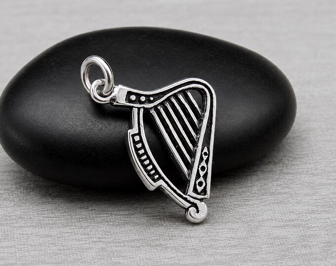 Sterling Silver Harp Charm, 925 Double-sided Harp Pendant, Lyre Charm, Musical Instrument Charm, Harp Jewelry, Musician Gift