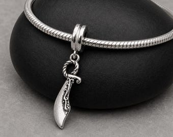 Silver Scimitar Sword European Dangle Charm, Curved Sword Pendant, Medieval Sword Charm, European Bracelet Bead, Warrior Jewelry