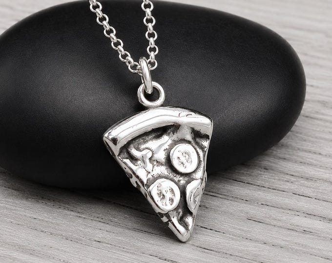 Sterling Silver Pepperoni Pizza Necklace, Pizza Slice Charm Pendant, Food Jewelry, Pizza Lover Necklace, Pizza Gift