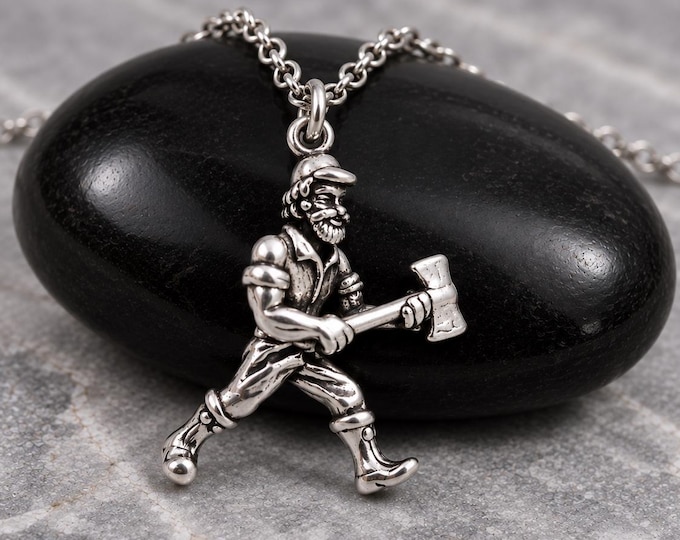 Sterling Silver Lumberjack Necklace, Woodsman Necklace, Paul Bunyan Charm, 3D Lumberjack Pendant Necklace