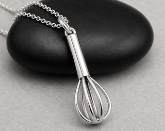 925 Sterling Silver Baker's Whisk Necklace, Whisk Charm Necklace, Baking Charm Necklace, Kitchen Utensil Necklace, Culinary Chef Charm Gift