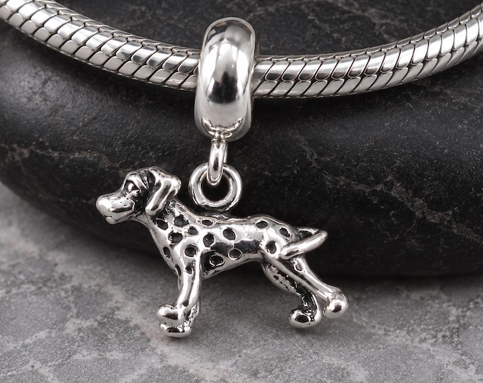925 Sterling Silver Dalmatian Dangle Charm, Spotted Dog European Bracelet Bead, Dog Lover Jewelry, Puppy Charm, Large Hole Bead