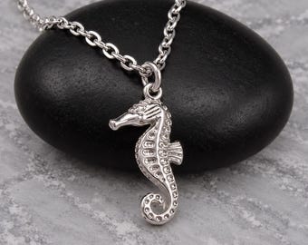 Silver Seahorse Necklace, Double Sided Seahorse Charm Pendant, Ocean Sea Life Jewelry, Beach Coastal Necklace, Nautical Seahorse Gift